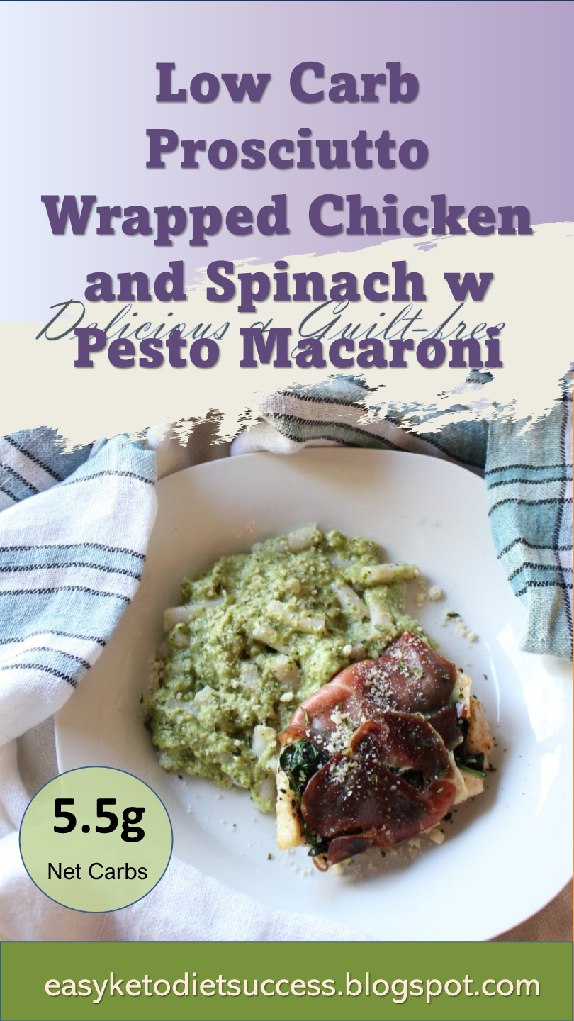 Low Carb Prosciutto Wrapped Chicken and Spinach w Pesto Macaroni