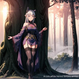 A cute white haired fantasy anime girl in a forest.