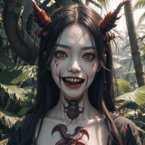 A demon woman with red horns and red brown teeth stands in a lush forest surrounded by palm trees.