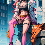 Aesthetic anime girl sitting on a building wall