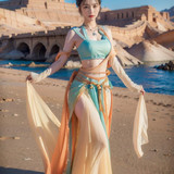 a beautiful young woman wearing a blue and orange dress . 