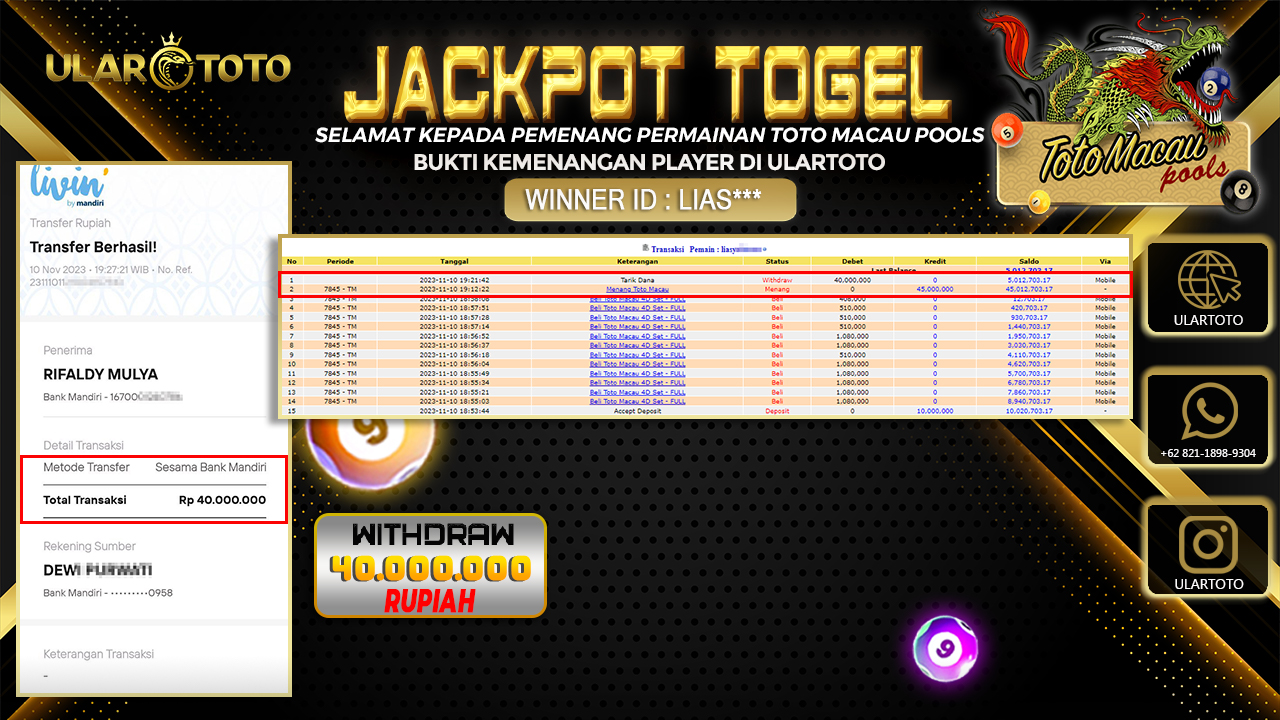 BUKTI PEMBAYARAN ULARTOTO TOTO MACAU POOLS 11 NOVEMBER 2023 Rp. 40.000.000 - LUNAS