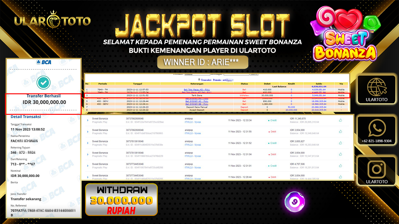 BUKTI PEMBAYARAN ULARTOTO HARI INI SLOT GAMES 11 NOVEMBER 2023 Rp. 5.000.000, - LUNAS