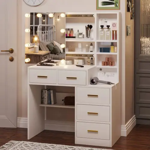White Vanity Set Desk Table 10 LED Lights Charging Station Sliding Mirror Modern Makeup Dressing 5 D.webp