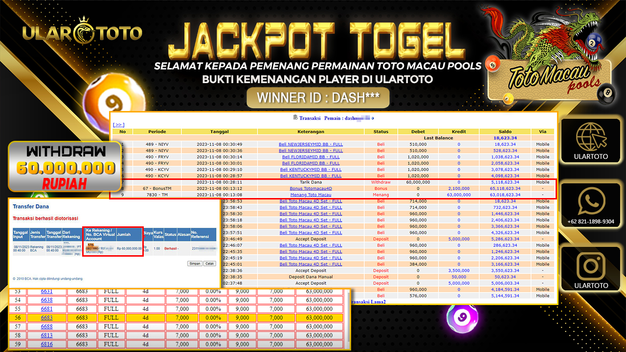 BUKTI PEMBAYARAN ULARTOTO TOTO MACAU POOLS 8 NOVEMBER 2023 Rp. 60.000.000 - LUNAS