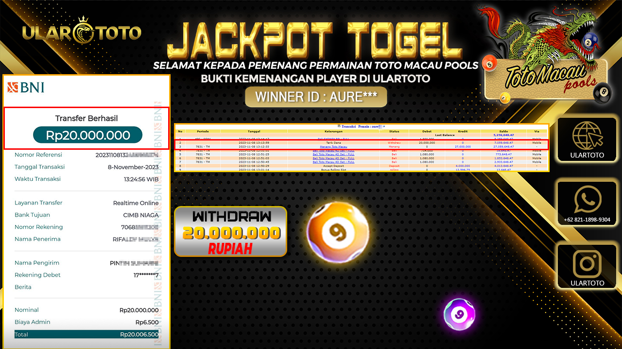 BUKTI PEMBAYARAN ULARTOTO TOTO MACAU POOLS 8 NOVEMBER 2023 Rp. 20.000.000 - LUNAS