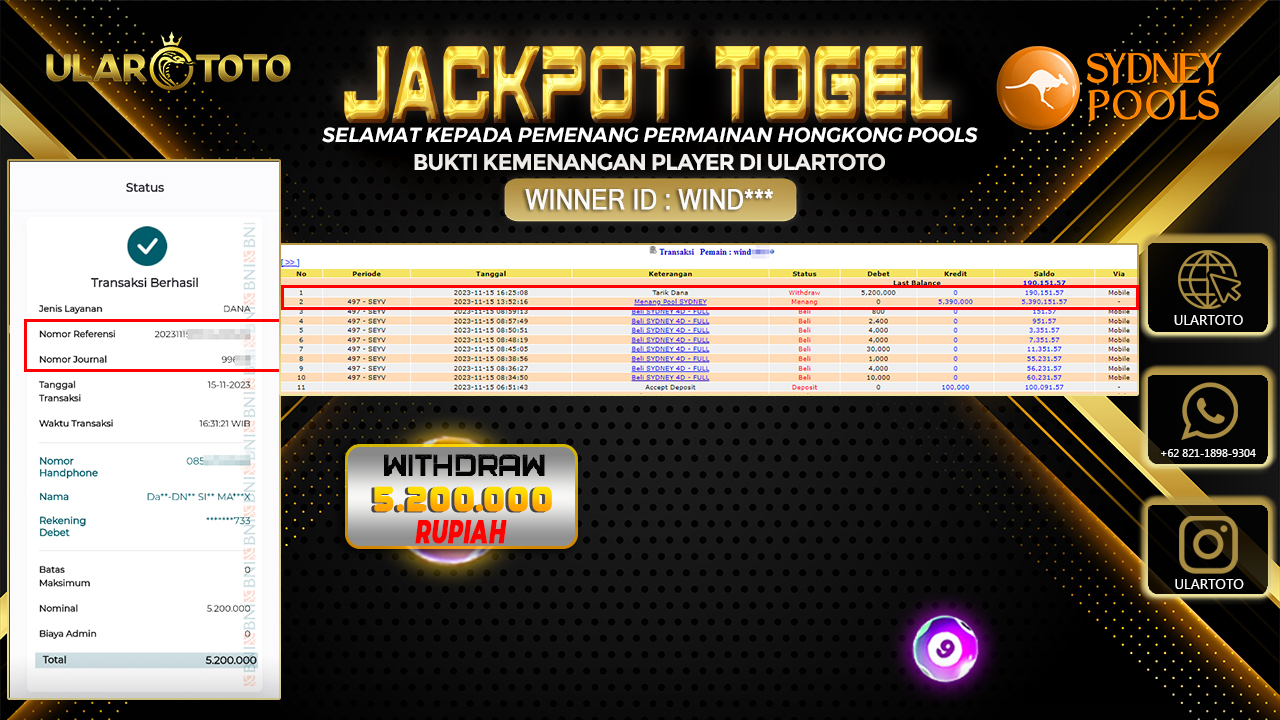 BUKTI PEMBAYARAN ULARTOTO SYDNEY POOLS 15 NOVEMBER 2023 Rp. 5.200.000 - LUNAS