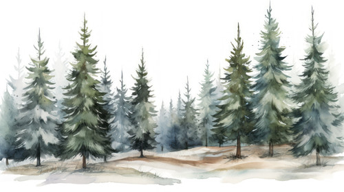 Hand drawn watercolor coniferous forest illustration spruce Winter nature holiday background conifer