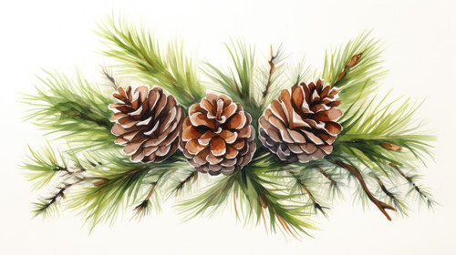 Hand drawn watercolor Christmas composition with fir branches and two pine cones 00219 01.jpg