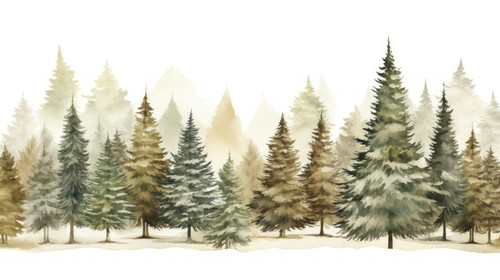 Hand drawn watercolor coniferous forest illustration spruce Winter nature holiday background conifer