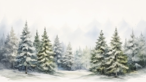 Hand drawn watercolor painting of christmas tree forest landscape Wide copy space background 00223 0