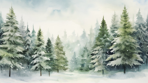 Hand drawn watercolor painting of christmas tree forest landscape Wide copy space background 00223 0