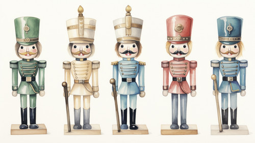 Set of watercolor hand drawn wooden toy soldier nutcracker 00340 00