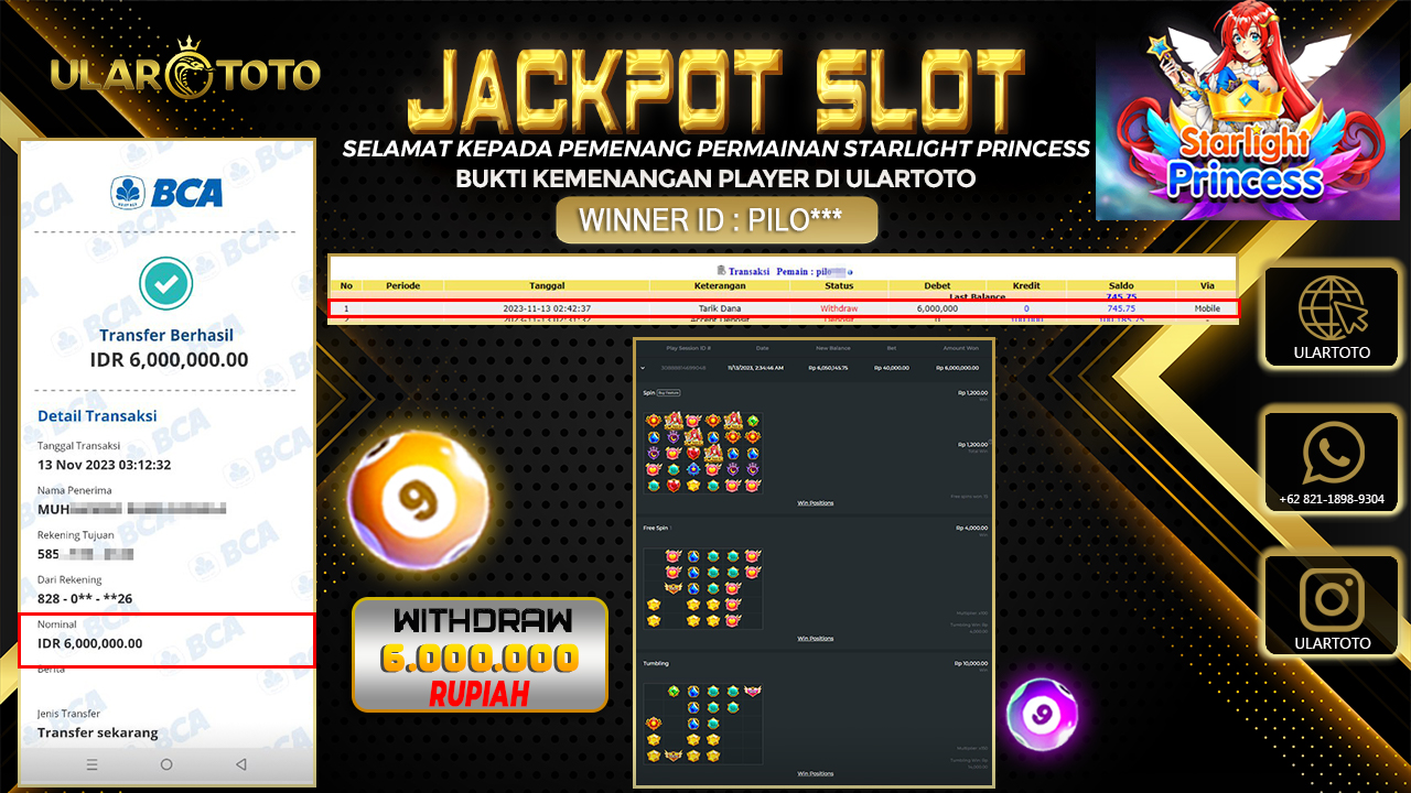 BUKTI PEMBAYARAN ULARTOTO HARI INI SLOT GAMES 13 NOVEMBER 2023 Rp. 6.000.000, - LUNAS