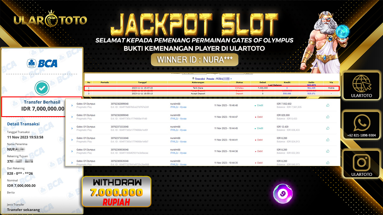 BUKTI PEMBAYARAN ULARTOTO HARI INI SLOT GAMES 13 NOVEMBER 2023 Rp. 7.000.000, - LUNAS