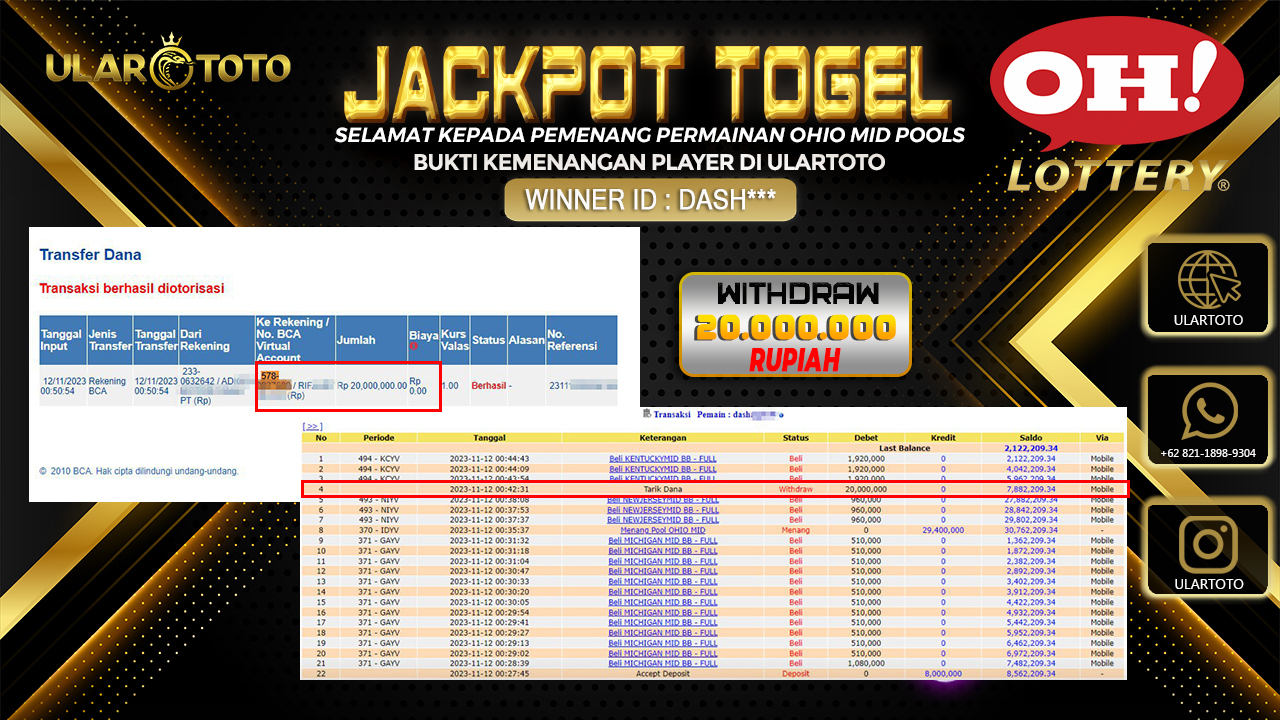 BUKTI PEMBAYARAN ULARTOTO OHIO MID POOLS 13 NOVEMBER 2023 Rp. 20.000.000 - LUNAS