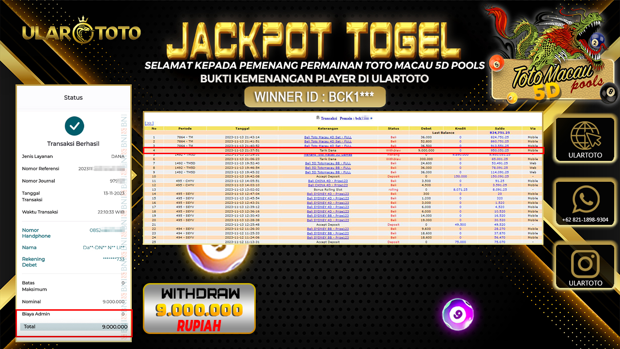BUKTI PEMBAYARAN ULARTOTO TOTO MACAU POOLS 14 NOVEMBER 2023 Rp. 9.000.000 - LUNAS