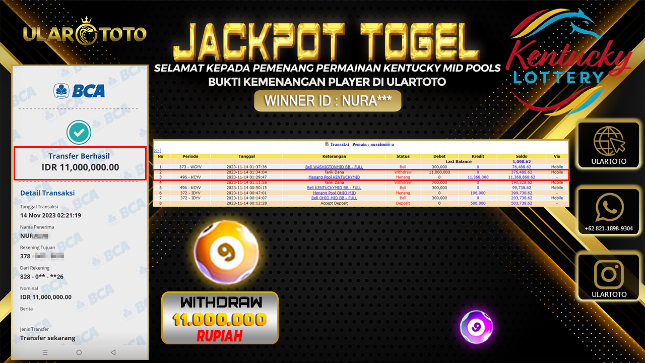 BUKTI PEMBAYARAN ULARTOTO KENTUCKY MID POOLS 14 NOVEMBER 2023 Rp. 11.000.000 - LUNAS