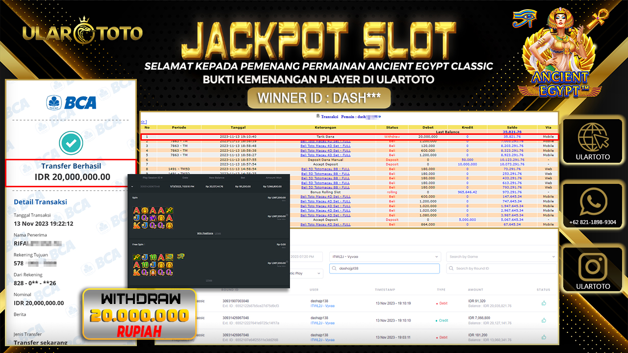 BUKTI PEMBAYARAN ULARTOTO HARI INI SLOT GAMES 14 NOVEMBER 2023 Rp. 20.000.000, - LUNAS