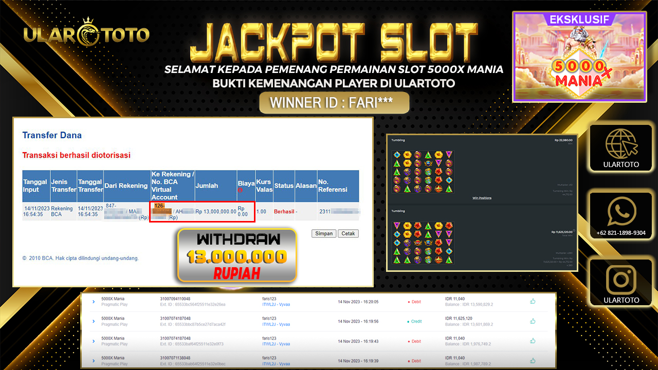 BUKTI PEMBAYARAN ULARTOTO HARI INI SLOT GAMES 14 NOVEMBER 2023 Rp. 13.000.000, - LUNAS