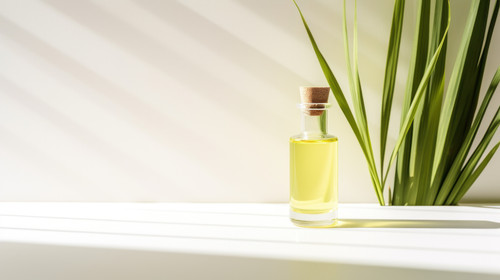 A bottle of lemongrass essential oil with shadow on a white background The idea of natural cosmetic .jpg