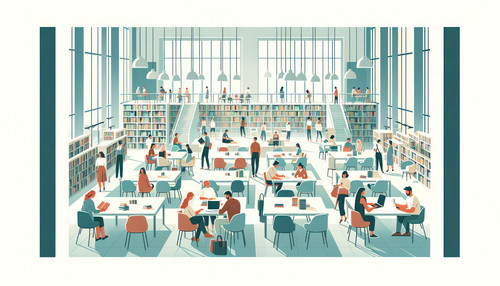 DALL E 2023 11 04 21 03 15 Visualize a minimalist flat design illustration of a public library setti.jpg
