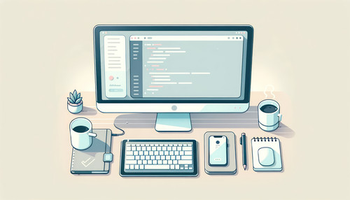 DALL E 2023 11 04 21 07 45 Create a minimalist flat design illustration of an app developer s worksp.jpg