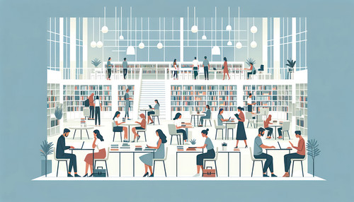 DALL E 2023 11 04 21 03 21 Visualize a minimalist flat design illustration of a public library setti.jpg
