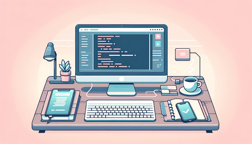 DALL E 2023 11 04 21 08 38 Create a minimalist flat design illustration of an app developer s worksp.jpg