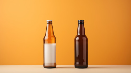 A bottles of craft lager and porter beer on dual color beige background International beer day or Oc.jpg