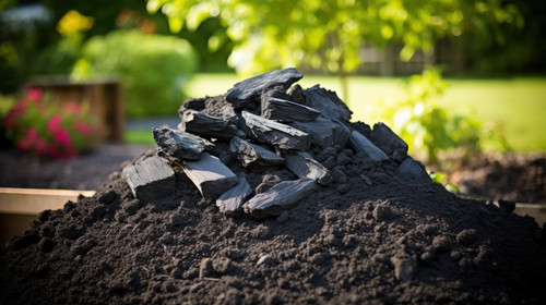 A big pile biochar in a garden Biochar increases soil carbon to improve agricultural productivity an.jpg