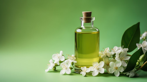 A bottle of jasmine essential oil with jasmine flowers inside lying on a light green background Cosm.jpg