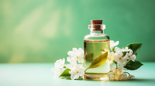 A bottle of jasmine essential oil with jasmine flowers inside lying on a light green background Cosm.jpg