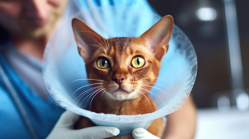 A caring owner puts an cone on a blue Abyssinian domestic cat for protection and healing Vetrecommen.jpg