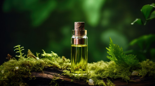 A conceptual composition of essential oil moss and tree bark on a green background Oil with serum fo.jpg