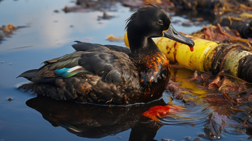 A ducks with oilcovered feathers in waste and plasticpolluted water Negative impact of human activit.jpg