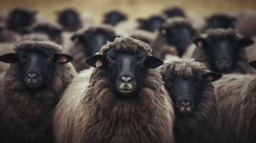 A flock of black sheep Sheep look into the camera Curious animals on the farm The concept of rural l.jpg