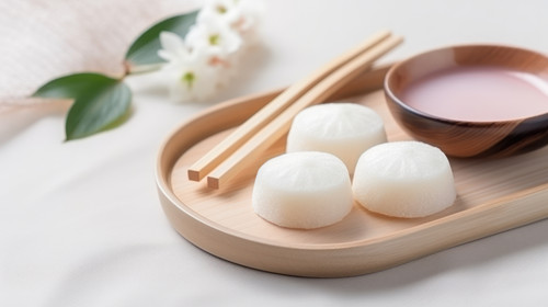 A Japanese mochi lying on a wooden mat on white countertop Concept of a traditional Japanese rice ca.jpg