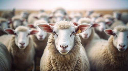 A flock of sheep Sheep look into the camera Curious animals on the farm The concept of rural life so.jpg