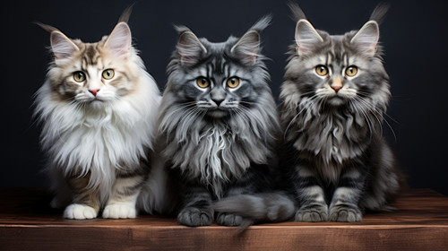 A group of adorable calm fluffy cats different colors looks into the camera Cats on an grey backgrou.jpg