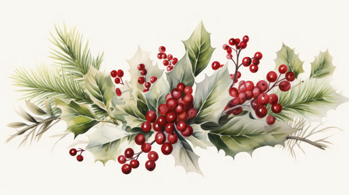 Christmas watercolor floral arrangement of holly leaves red berries and spruce 00145 03.jpg