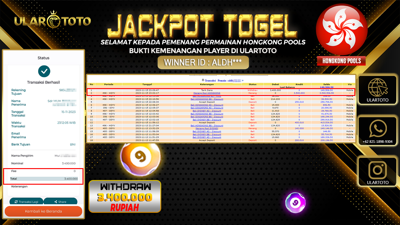BUKTI PEMBAYARAN ULARTOTO HONGKONG POOLS 16 NOVEMBER 2023 Rp. 3.400.000 - LUNAS