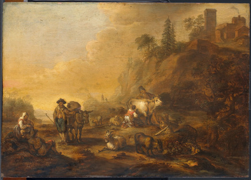 Bie, Cornelis de Пейзаж с пастухами и скотом, 1648, 60 cm х 85 cm, Дерево, масло