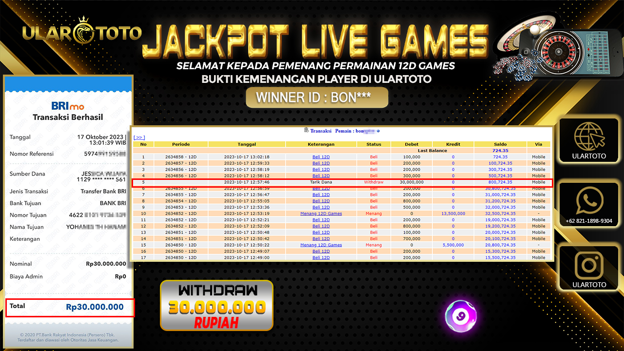 BUKTI PEMBAYARAN ULARTOTO HARI INI LIVE GAMES 17 OKTOBER 2023 Rp. 30.000.000, - LUNAS