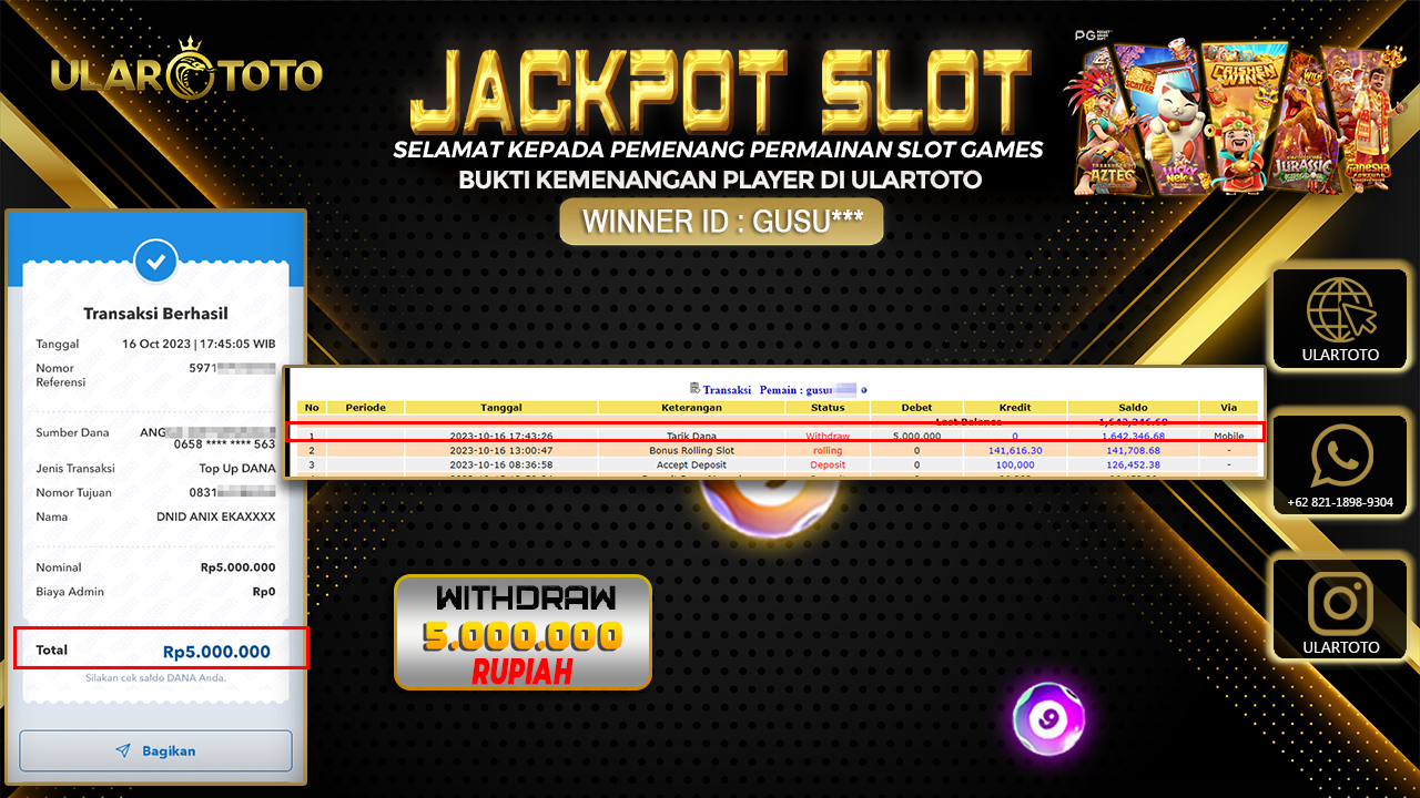 BUKTI PEMBAYARAN ULARTOTO HARI INI SLOT GAMES 16 OKTOBER 2023 Rp. 4.400.000, - LUNAS