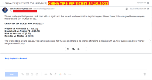 CHINA VIP TICKET FIXED MATCHES | 14.10.2023