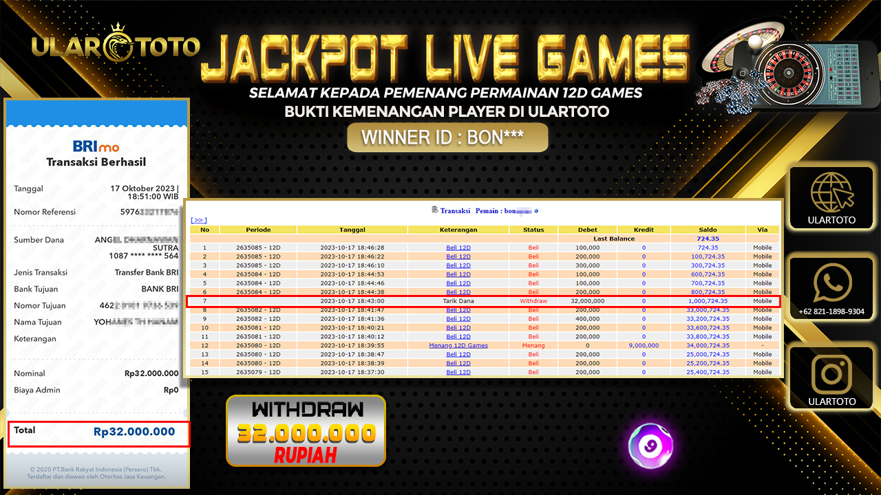 BUKTI PEMBAYARAN ULARTOTO HARI INI LIVE GAMES 17 OKTOBER 2023 Rp. 32.000.000, - LUNAS