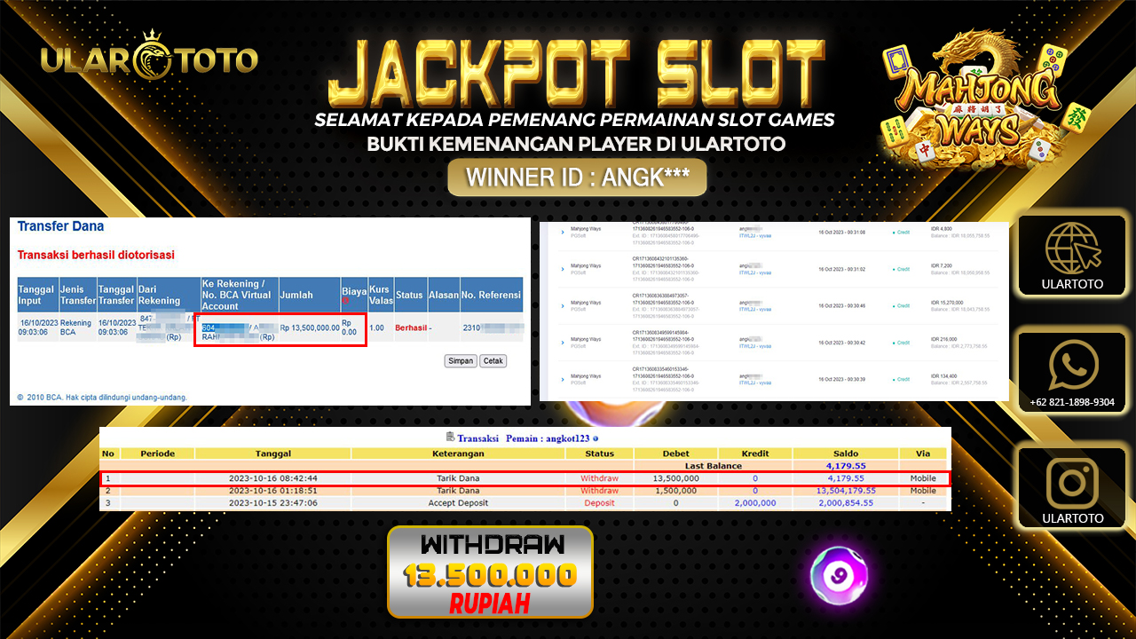 BUKTI PEMBAYARAN ULARTOTO HARI INI SLOT GAMES 16 OKTOBER 2023 Rp. 13.500.000, - LUNAS