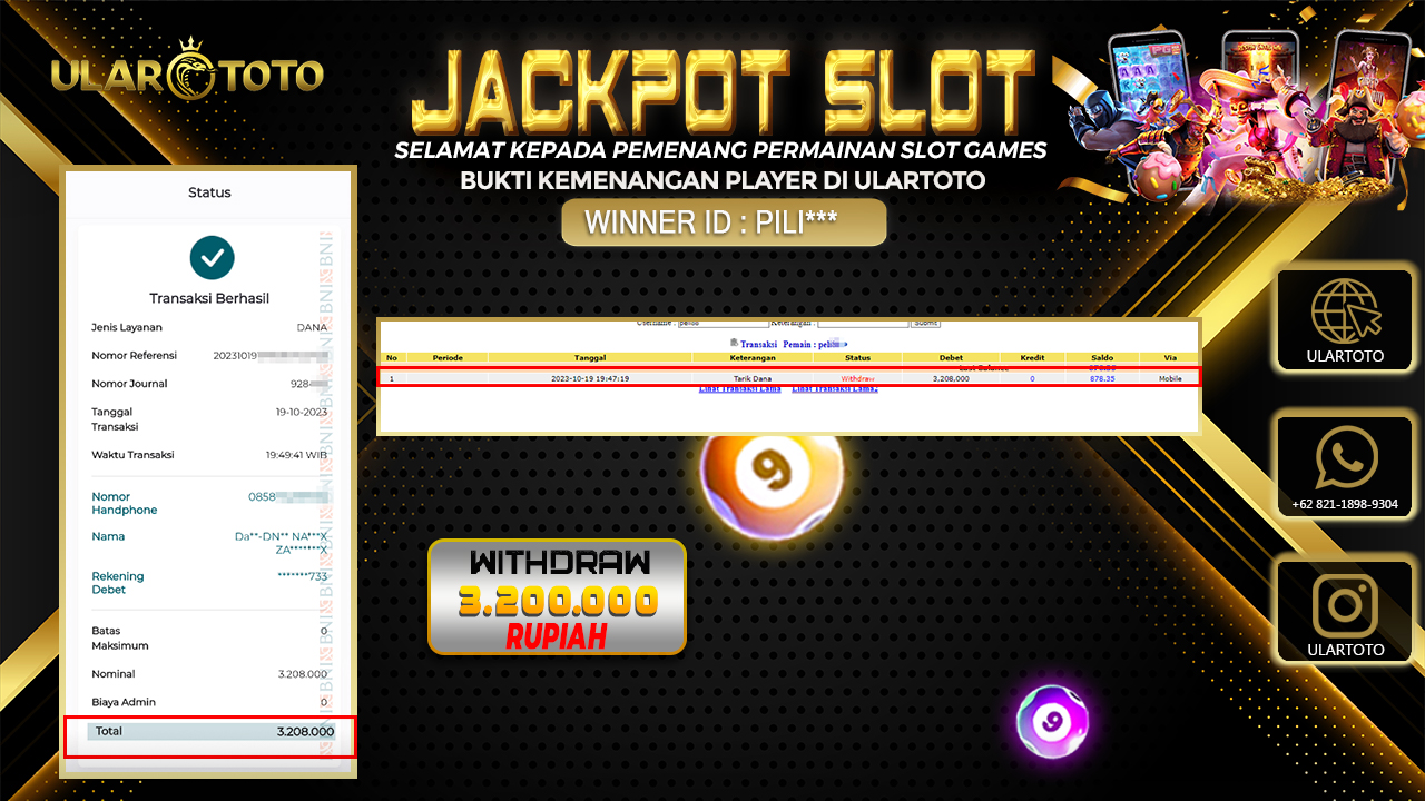 BUKTI PEMBAYARAN ULARTOTO HARI INI SLOT GAMES 20 OKTOBER 2023 Rp. 3.208.000, - LUNAS