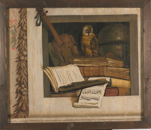 Campen, Jacob van Натюрморт с книгами, скрипкой и совой в нише, 1645 50, 102 cm х 85,3 cm, Холст, ма